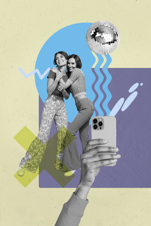 Vertical sketch 3d collage poster of happy girl dance relax party concert performance celebration music entertainment disco ballの写真素材