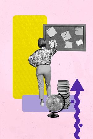 Image 3d poster banner photo collage of happy girl guy stand book stack arrow development career growth statistics chanceの写真素材