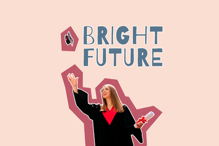 Composite image montage trend 3D collage of student education knowledge bachelor degree bright future yong lady pull up hat hold documentの写真素材