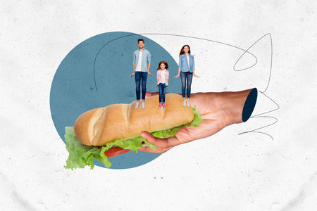 Creative collage of representing fast food delivery modern lifestyle concept pizza suahi sandwich bread shop storeの写真素材