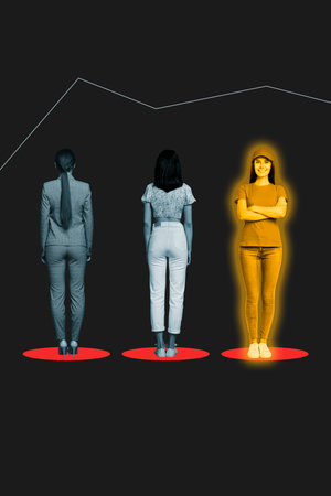 Image trendy art pop poster banner collage of serious business girls stand graph development personality silhouette candidateの写真素材