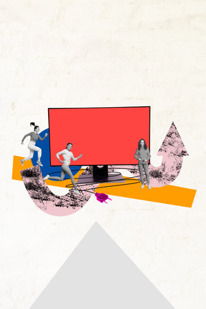 Composite 3D collage trend template design of charts analyzing business goal graphics team three lady stand computer monitor arrow pointの写真素材