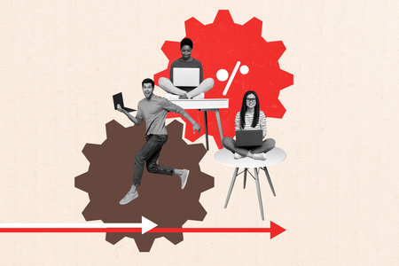 Collage trend artwork composite sketch poster of cogwheel team cooperation two young lady sit work...