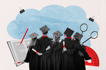 Trendy art creative full zine photo collage of happy students girls guys group stand back together master degree graduation suppliesの写真素材