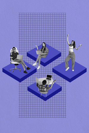 Sketch image trend artwork 3D photo collage of team three young lady man work sit block target trader business charts stats work laptopの写真素材