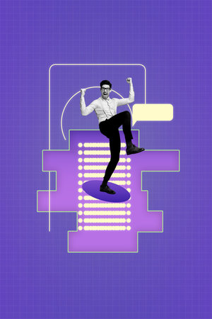 Vertical exclusive image picture collage photo of happy guy stand colorful futuristic diagram icon...