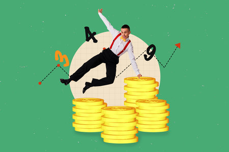 Template sketch image composite collage of young gentleman jump pile coins salary rich bank trade investment numbers arrow graphicsの写真素材