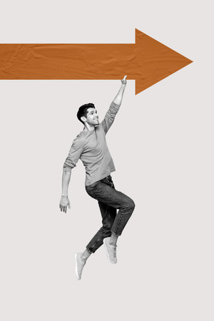 Composite zine art pop trend collage of happy businessman stand arrow development aim success chance...