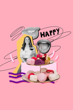 Vertical pop poster banner collage of happy old woman hold wineglass marshmallow cake lollipop candy mouth party alcoholの写真素材