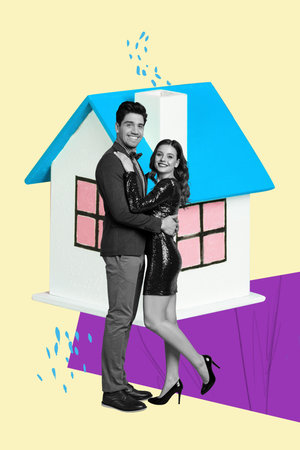 Banner creative collage of person family hug sit next big house over yellow backgroundの写真素材