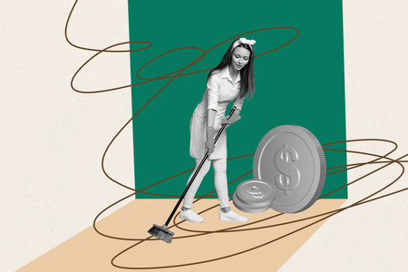 Template sketch image composite artwork collage of young lady housewife clean floor mop salary rich bank trade investment dollars coinsの写真素材