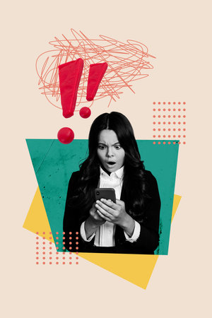 Trendy exclusive 3d vertical artwork collage of shocked girl hold phone receive warning notification...