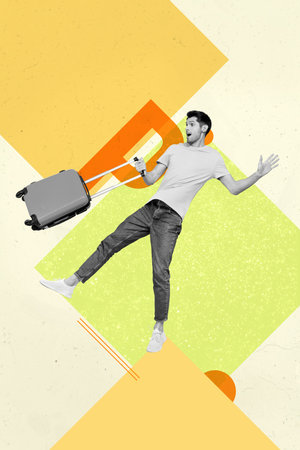 Poster image collage of person hold suitcase on green yellow color background having square elementsの写真素材
