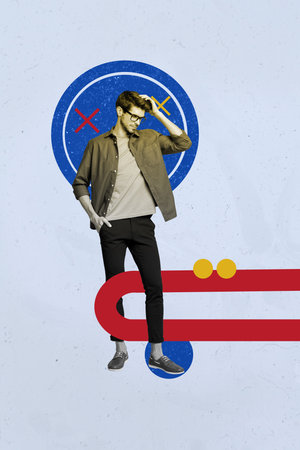 Template poster collage of person posing on blue background with elements figuresの写真素材