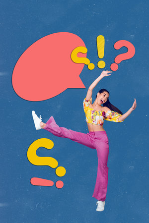 Poster creative collage of person dance telling speech bubble exclamation question mark on blue...