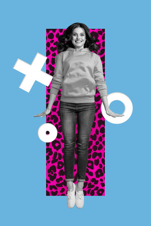 Trend banner collage of person jumping sit under flying figures on blue color backgroundの写真素材