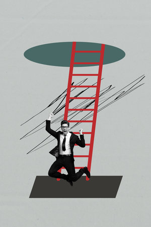 Exclusive artwork banner collage of happy businessman businesswoman stand career ladder development success goal achievementの写真素材
