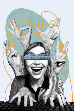 Photo collage artwork sketch of young lady programmer type keypad internet freelancer virtual hand gesture okay shooting two finger crossの写真素材