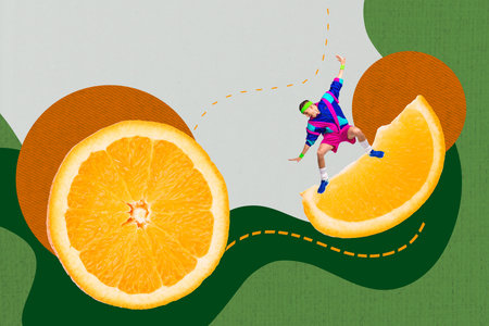 3D photo collage template trend artwork composite of delicious feeding diet calories young man sportswear stand piece orange balanceの写真素材