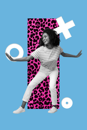 Pop poster collage of person ride on blue color background with math figuresの写真素材