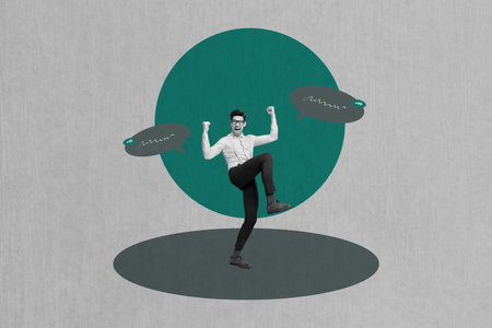 Poster surreal collage of person win speaking bubble on grey color background