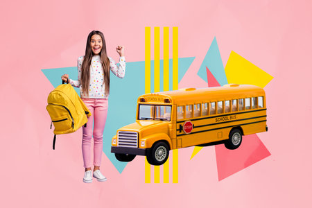 Banner image photo collage of happy schoolgirl hold backpack stand bus transport back to school...