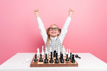 Young girl in glasses celebrating over a chessboard with raised hands against a pink backgroundの写真素材