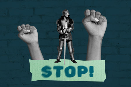 Creative pop poster sketch art collage of hands show fist gesture stop prohibition activist serious...