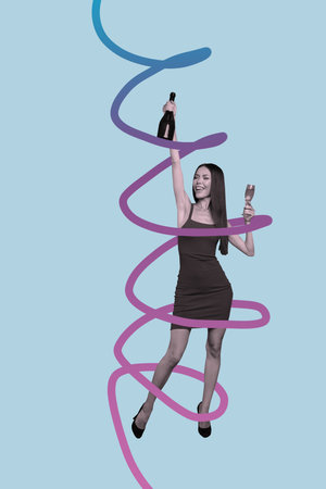 Banner 3d vertical artwork collage of happy girl dance champagne bottle glass weekend occasion chill colorful line celebrationの写真素材