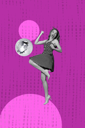 Vertical sketch 3d collage poster of happy girl dance relax party concert performance celebration music entertainment eventの写真素材