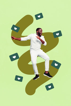 Poster image collage of person dance with many air fly like on green background