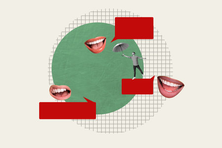 3D collage trend artwork composite sketch poster of mouth lips smile chat rumors talk young man...