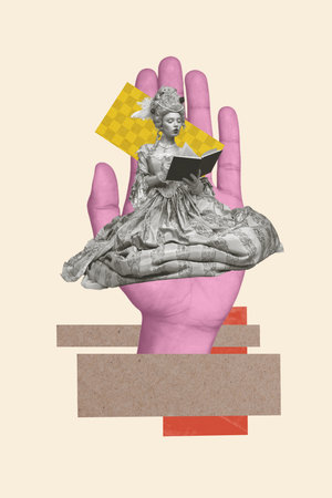 Sketch image art pop trend collage of serious duchess girl wear vintage dress sit hand palm read book bookworm hobby readerの写真素材