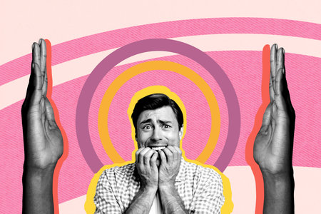 Trend artwork composite 3D photo collage design of two hand hold between confused face young man afraid body language showing gestureの写真素材