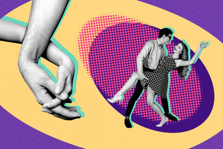 Template sketch image composite collage of hand hold together symbol gesture showing bonding young lady man dance together retro styleの写真素材