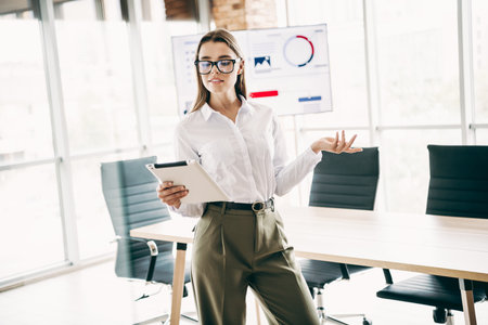 Young businesswoman presenting ideas on tablet in a modern office workspace with charts in the...