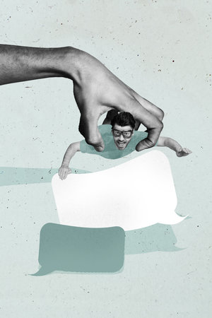 Image zine trend photo collage of excited guy hand hold fly chatterbox speech dialogue conversation talk phrase monologueの写真素材