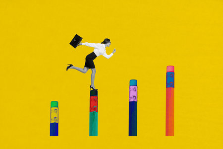 Composite trendy magazine photo collage of happy businesswoman run pencil ladder development career university education supplyの写真素材