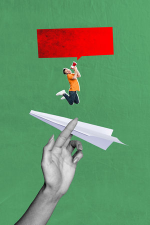 Template poster trend 3D photo collage of hand hold paper flight origami young man talk megaphone message thought quote feedback commentの写真素材