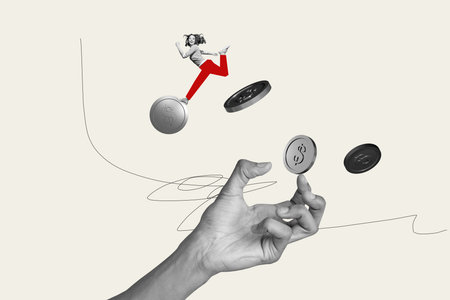 Composite image montage trend artwork 3D collage of huge hand hold coins dollars young lady run aim...
