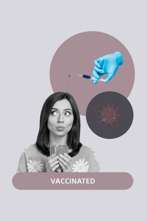 Pop vertical photo collage of puzzled girl guy receive booster vaccination syringe shot covid illness virus healthcare problemの写真素材