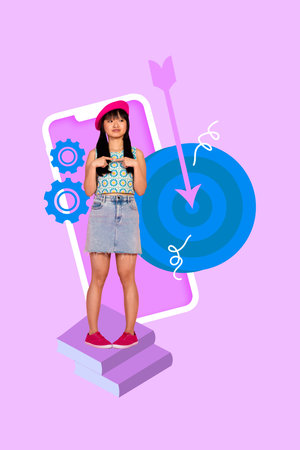 Composite zine pop trend collage of happy businesswoman businessman stand phone target development arrow aim achievement progressの写真素材