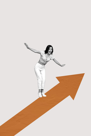 Banner zine 3d poster image photo collage of happy businesswoman stand arrow development aim...