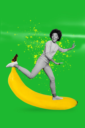 Creative image collage of person stand run huge yellow banana on green color backgroundの写真素材
