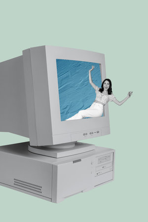 Sketch image art poster trend collage of happy girl it-specialist peek pc monitor occupation...