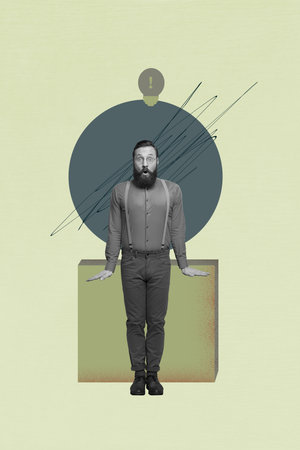 Trend image collage of person stand near cube square with light bulb icon on green backgroundの写真素材