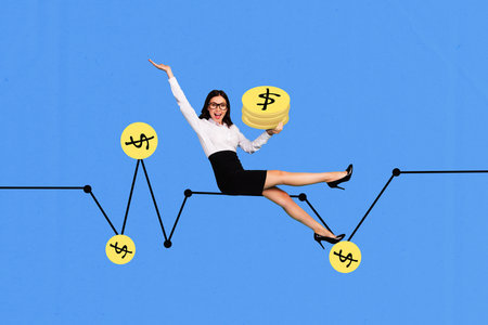 Composite sketch design artwork 3D photo collage of young businesswoman sit graphics arrow hold coins income wealth economy bank dollarsの写真素材