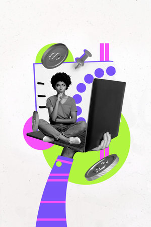 Banner sketch image collage of happy businesswoman businessman sit laptop device coin dollar income capital progress freelanceの写真素材