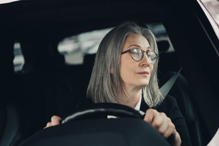 Elegant mature businesswoman with grey hair driving a car in urban traffic during daylight hoursの写真素材