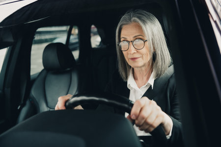 Confident mature businesswoman driving through the city in style with elegance and focus during a productive dayの写真素材